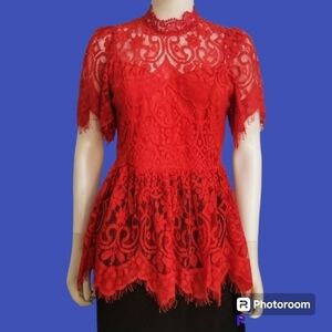 BIGHIT Peekaboo Lace Puff Sleeve Peplum Babydoll Castlecore Blouse